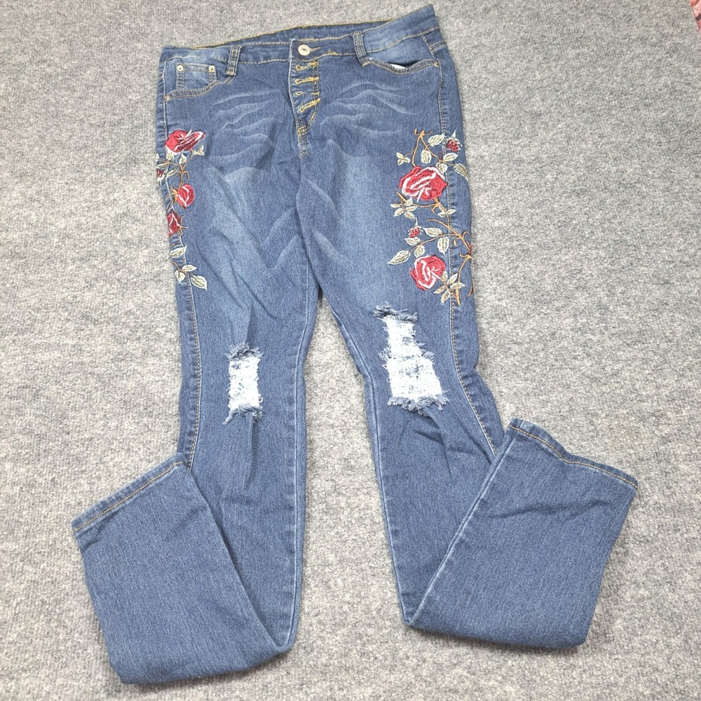 Women Rose Embroidered Distressed Skinny Jeans Medium Wash Button Fly Size M